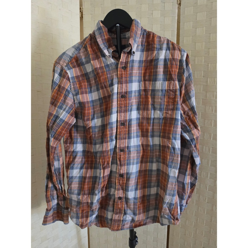 St Johns Bay Mens Orange Blue Plaid Flannel Button Down Shirt Medium Cotton